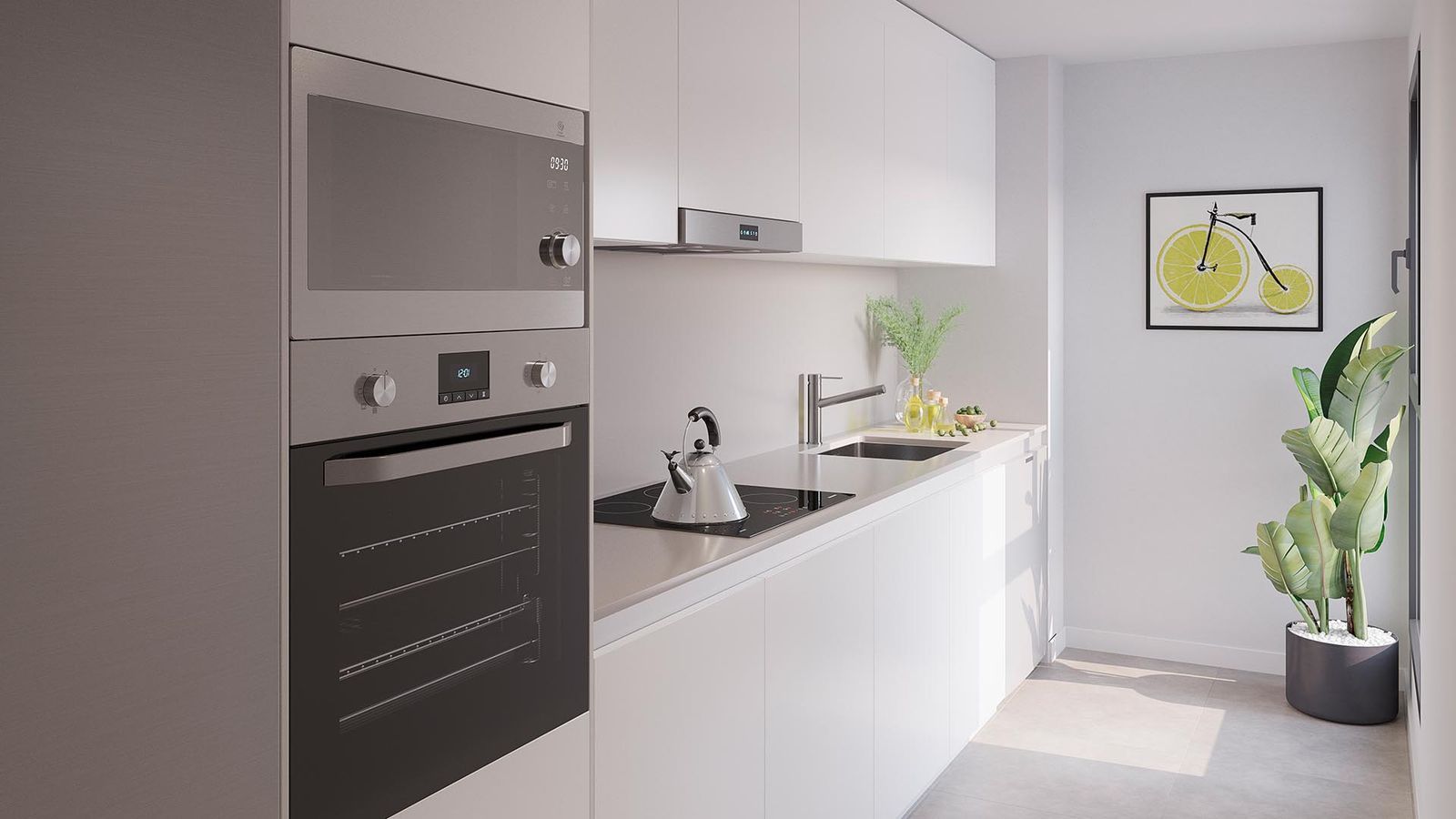 Nowoczesna kuchnia z wbudowanymi urządzeniami i minimalistycznym designem.