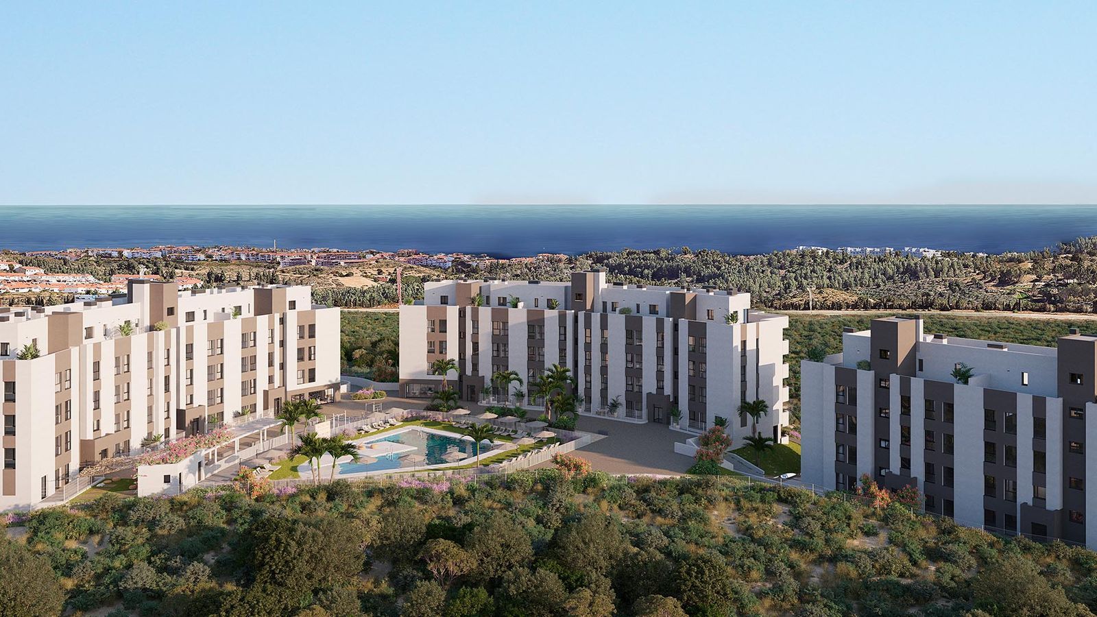 Overview of Hipódromo Mijas featuring apartments, pool, and sea view.