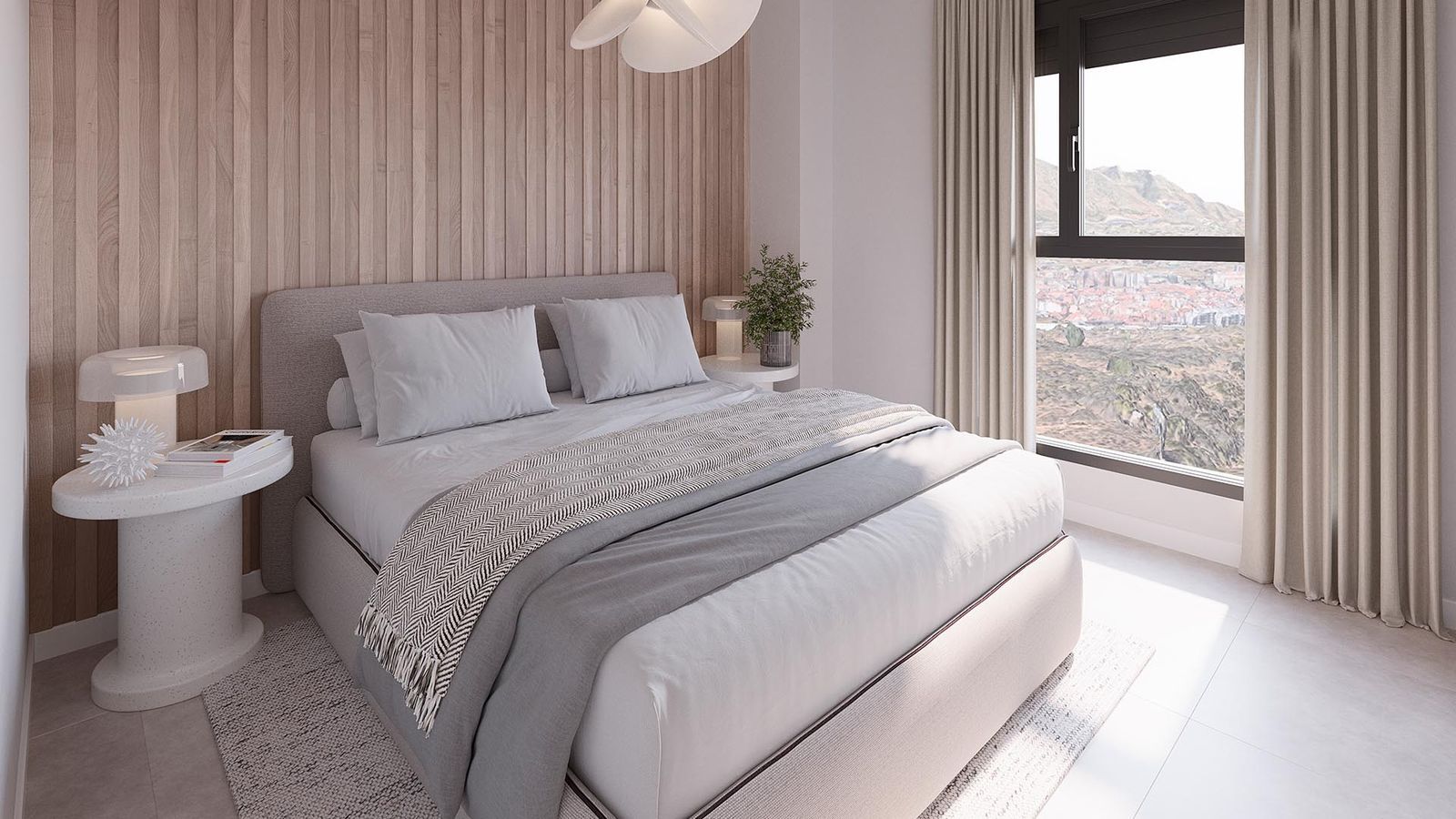 Modern bedroom with mountain view and wood panel wall
